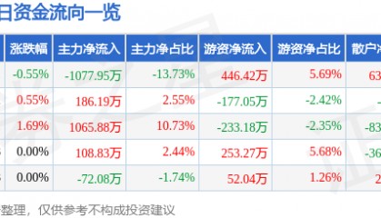股票行情快报：广田集团（002482）8月13日主力资金净卖出1077.95万元