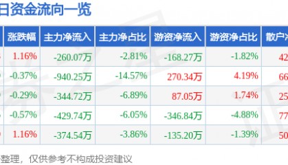 股票行情快报：先锋电子（002767）2月13日主力资金净卖出260.07万元