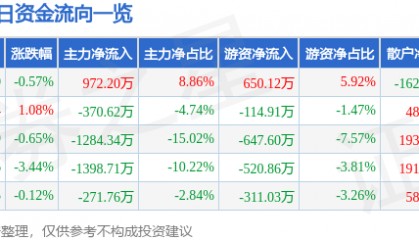股票行情快报：天迈科技（300807）6月13日主力资金净买入972.20万元