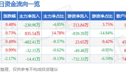 股票行情快报：粤宏远Ａ（000573）8月6日主力资金净卖出230.96万元