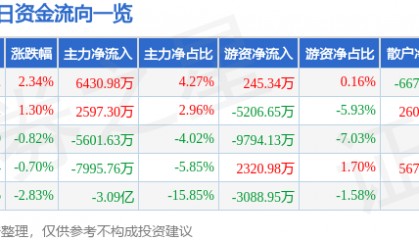 股票行情快报：上汽集团（600104）10月9日主力资金净买入6430.98万元