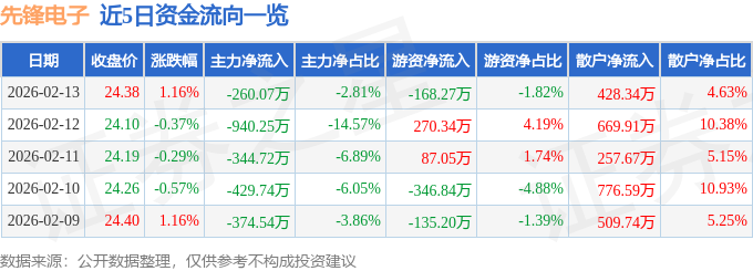 股票行情快报：先锋电子（002767）2月13日主力资金净卖出260.07万元