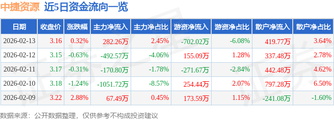 股票行情快报：中捷资源（002021）2月13日主力资金净买入282.26万元